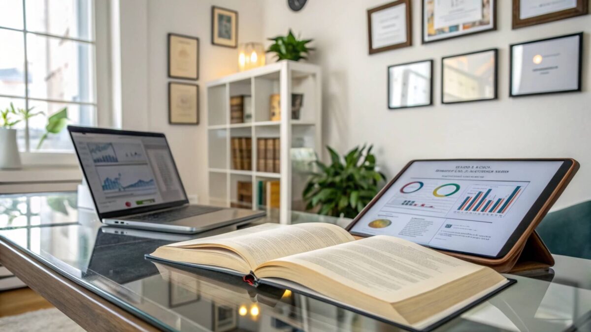 Mesa de trabajo en un despacho de abogados con libro abierto, portátil y tableta mostrando gráficos, representando la excelencia en servicios legales.