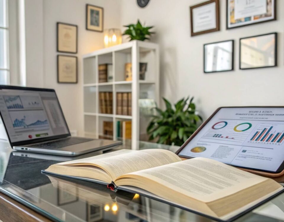 Mesa de trabajo en un despacho de abogados con libro abierto, portátil y tableta mostrando gráficos, representando la excelencia en servicios legales.