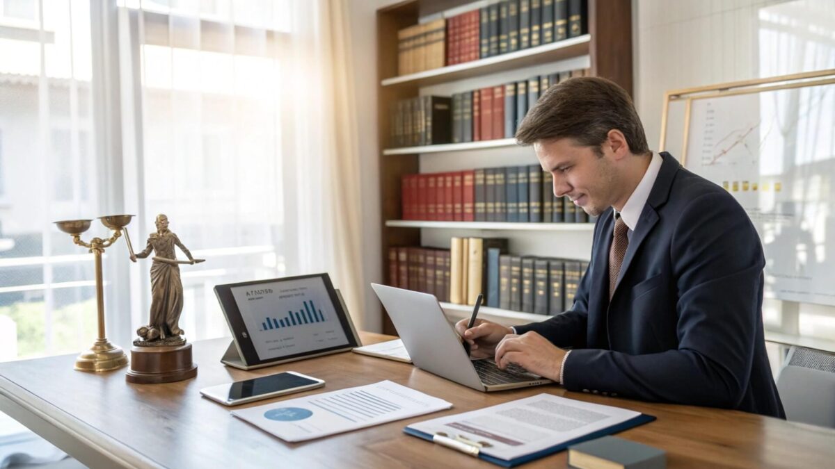 Abogado trabajando en su oficina con computadora portátil, documentos y gráficos, representando estrategias de marketing para despachos de abogados.