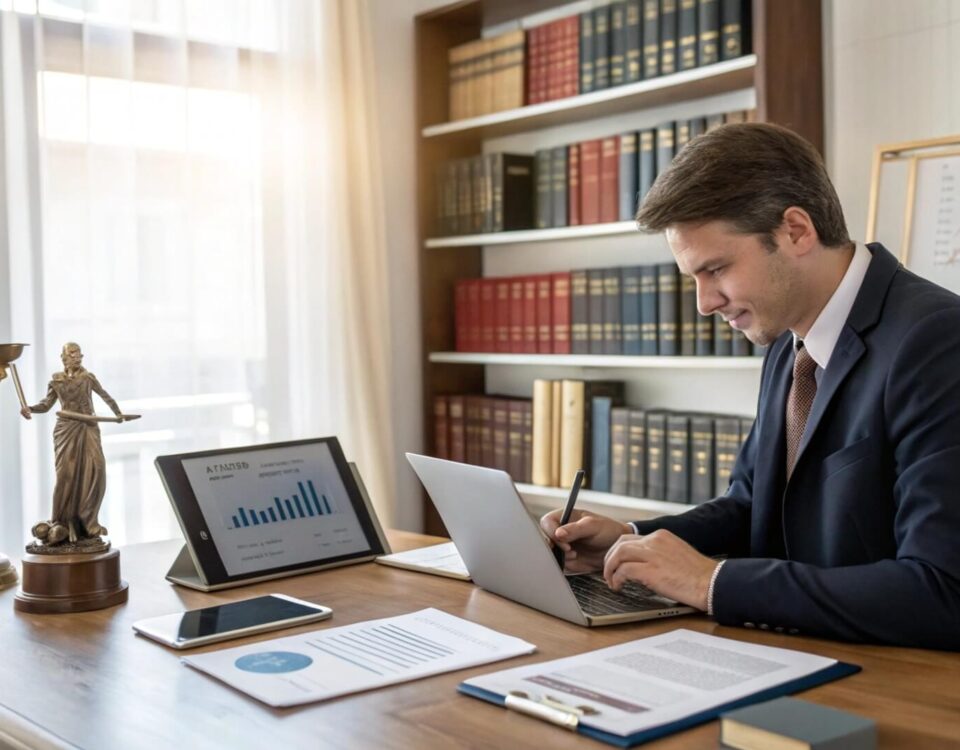 Abogado trabajando en su oficina con computadora portátil, documentos y gráficos, representando estrategias de marketing para despachos de abogados.