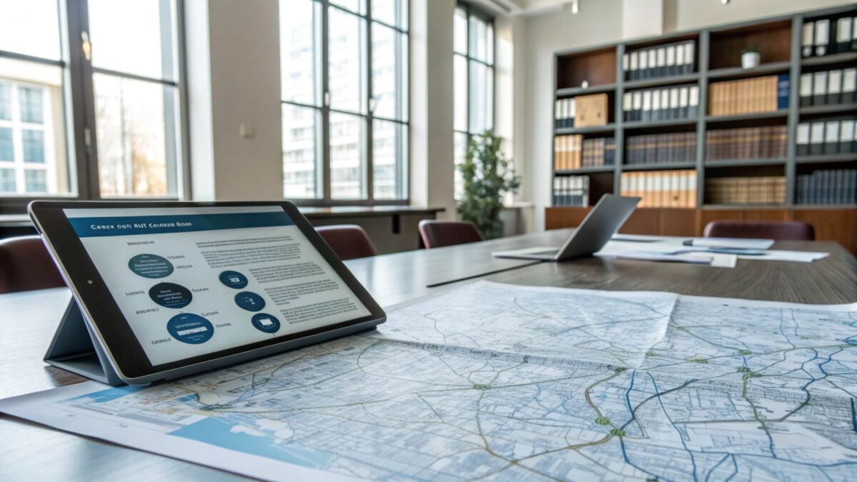 Sala de reuniones de un despacho de abogados con una tablet mostrando gráficos de análisis, un mapa extendido sobre la mesa y estanterías con archivos jurídicos al fondo.