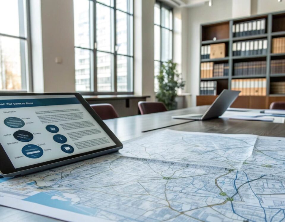 Sala de reuniones de un despacho de abogados con una tablet mostrando gráficos de análisis, un mapa extendido sobre la mesa y estanterías con archivos jurídicos al fondo.