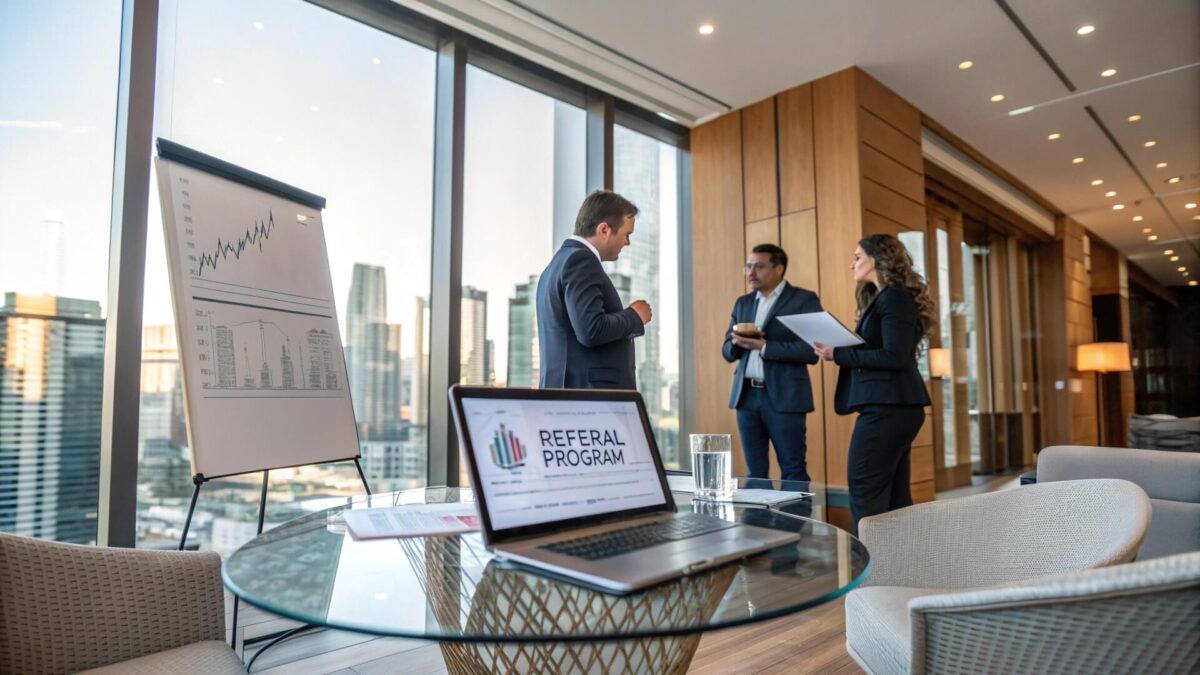 Reunión de abogados en sala de juntas moderna, con presentación de gráficos y un portátil que muestra la frase 'Referral Program', representando un sistema de referencias para despachos de abogados.