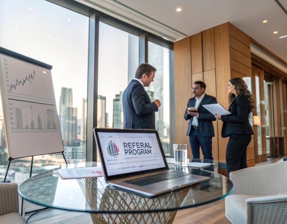 Reunión de abogados en sala de juntas moderna, con presentación de gráficos y un portátil que muestra la frase 'Referral Program', representando un sistema de referencias para despachos de abogados.