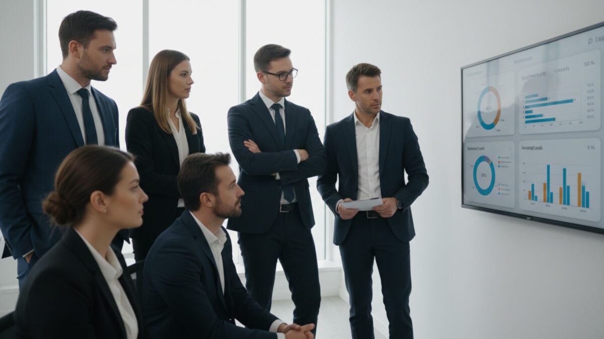 Un grupo de abogados revisando redes sociales para despachos de abogados