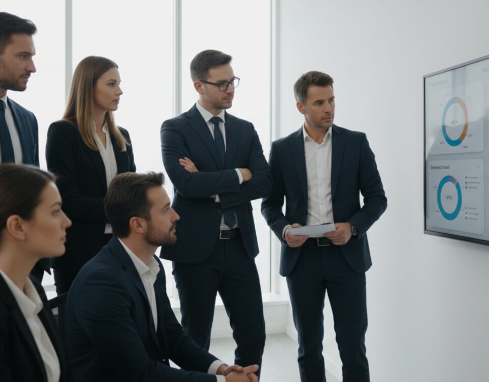 Un grupo de abogados revisando redes sociales para despachos de abogados