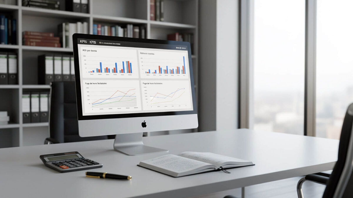 Monitor en un despacho de abogados contemporáneo mostrando un dashboard de KPIs financieros con gráficos de barras y líneas, indicadores como ROI por cliente y fuga de horas facturables; sobre la mesa hay una calculadora, un cuaderno con notas y un bolígrafo elegante, al fondo una estantería con carpetas y libros de derecho.