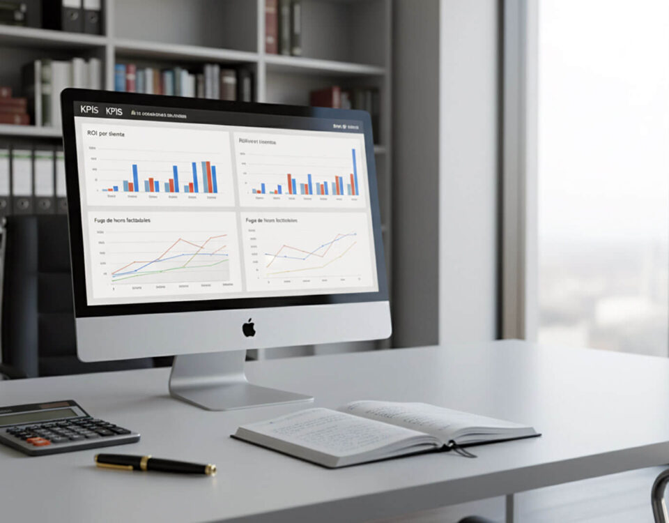 Monitor en un despacho de abogados contemporáneo mostrando un dashboard de KPIs financieros con gráficos de barras y líneas, indicadores como ROI por cliente y fuga de horas facturables; sobre la mesa hay una calculadora, un cuaderno con notas y un bolígrafo elegante, al fondo una estantería con carpetas y libros de derecho.