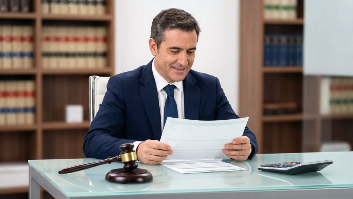 Abogado sonriente revisando documentos financieros en su escritorio junto a una calculadora y un mazo de juez, ilustrando la gestión rentable mediante el sistema Profit First para despachos de abogados.