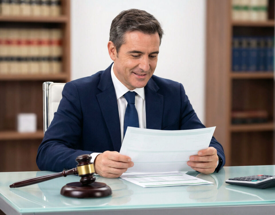 Abogado sonriente revisando documentos financieros en su escritorio junto a una calculadora y un mazo de juez, ilustrando la gestión rentable mediante el sistema Profit First para despachos de abogados.