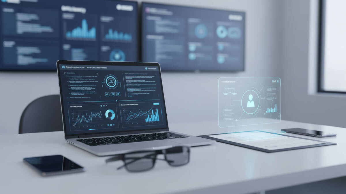 Computadora portátil y tablet en un entorno de oficina moderna mostrando paneles de datos y hologramas legales, representando el uso de inteligencia artificial para abogados.