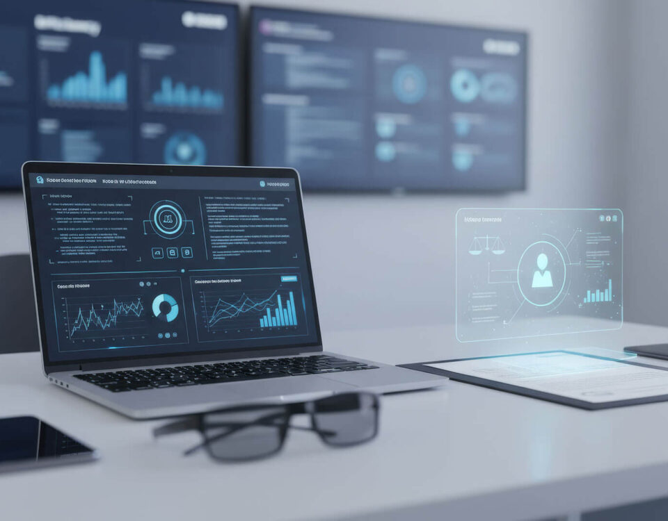 Computadora portátil y tablet en un entorno de oficina moderna mostrando paneles de datos y hologramas legales, representando el uso de inteligencia artificial para abogados.