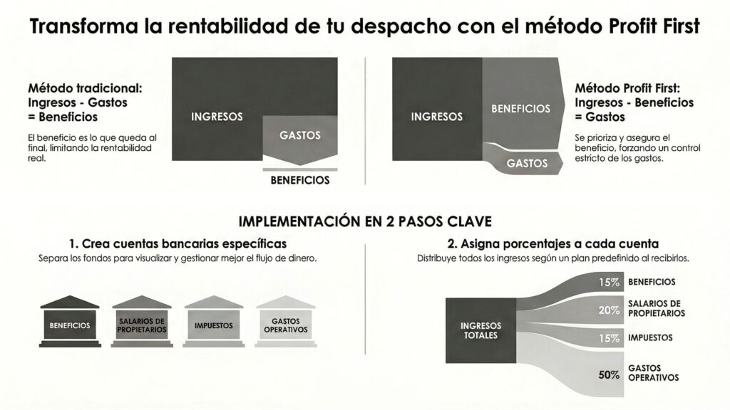Infografía detallada que compara la contabilidad tradicional con el método Profit First para despachos de abogados, mostrando la fórmula de rentabilidad y la distribución de ingresos en cuentas de beneficios, salarios, impuestos y gastos operativos.