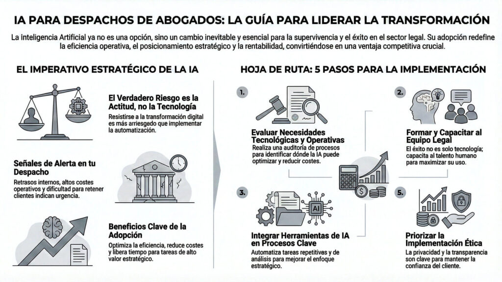 Infografía que detalla una hoja de ruta de 5 pasos para implementar la inteligencia artificial en despachos de abogados: evaluar necesidades, capacitar al equipo, integrar herramientas, analizar resultados y priorizar la ética.