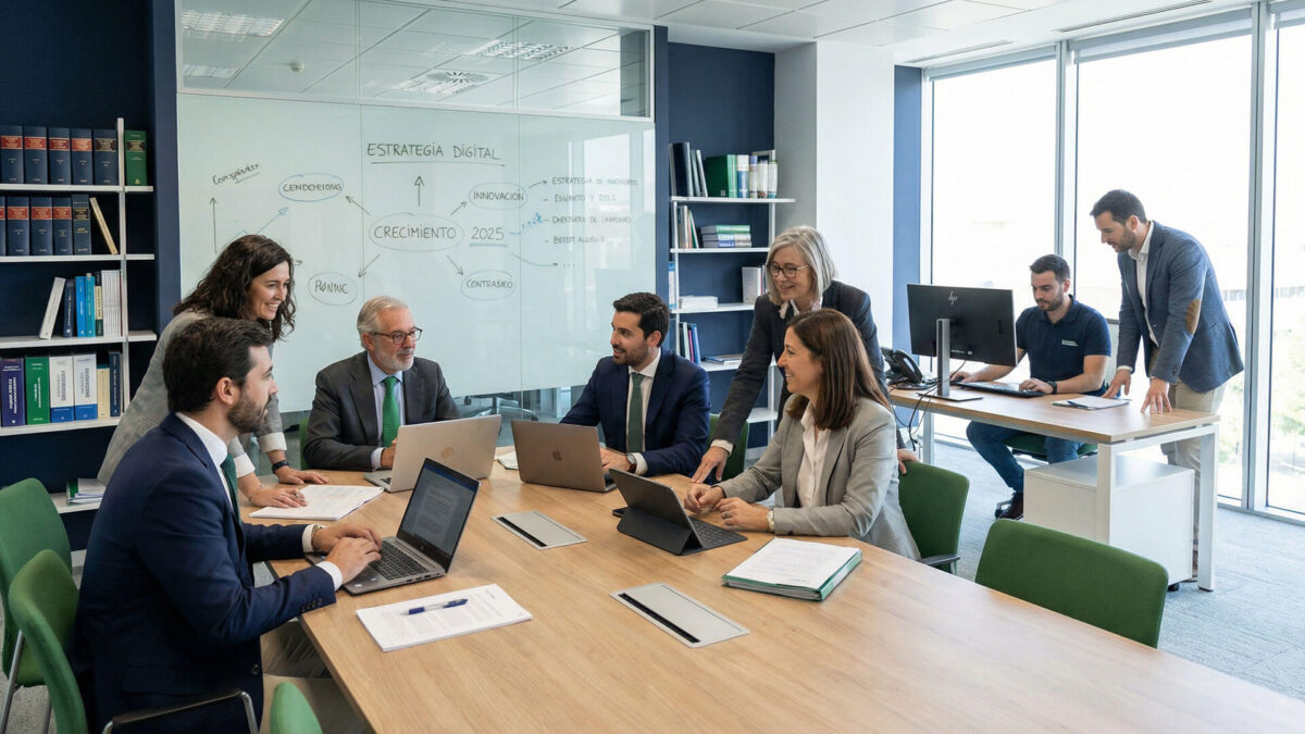 Equipo de abogados y consultores trabajando en una oficina moderna frente a una pizarra con planes de estrategia digital y crecimiento 2025, representando un servicio de consultoría para despachos de abogados.
