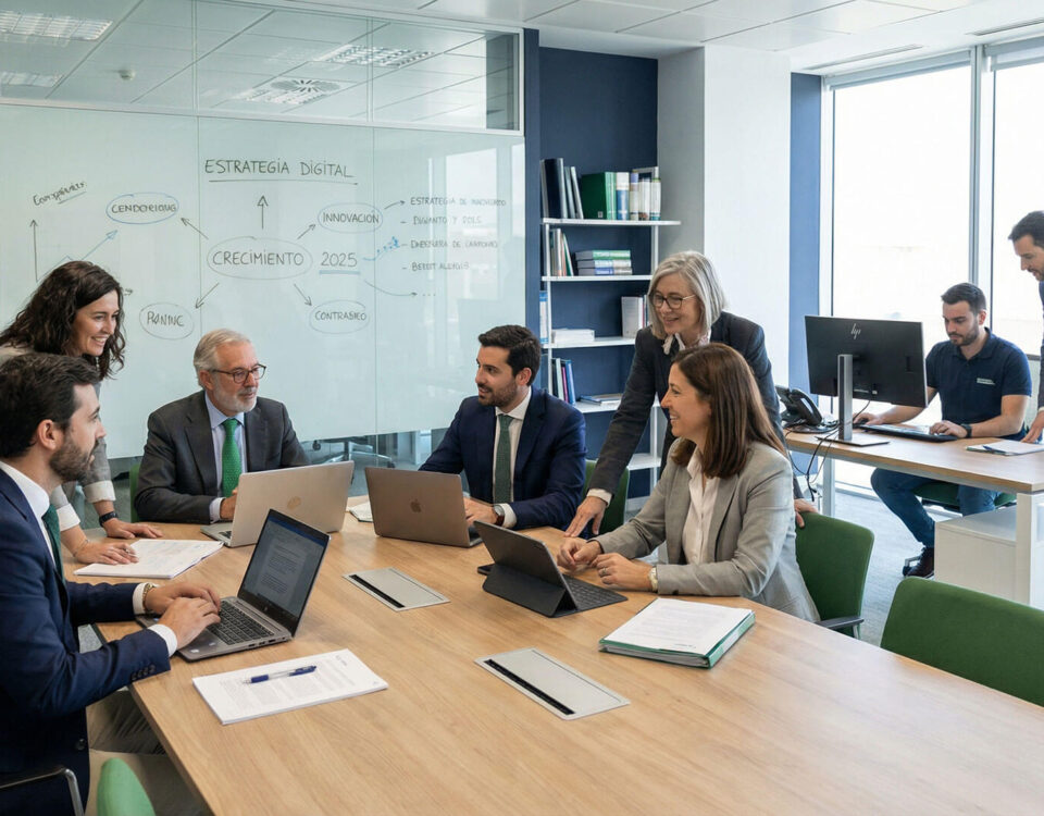 Equipo de abogados y consultores trabajando en una oficina moderna frente a una pizarra con planes de estrategia digital y crecimiento 2025, representando un servicio de consultoría para despachos de abogados.