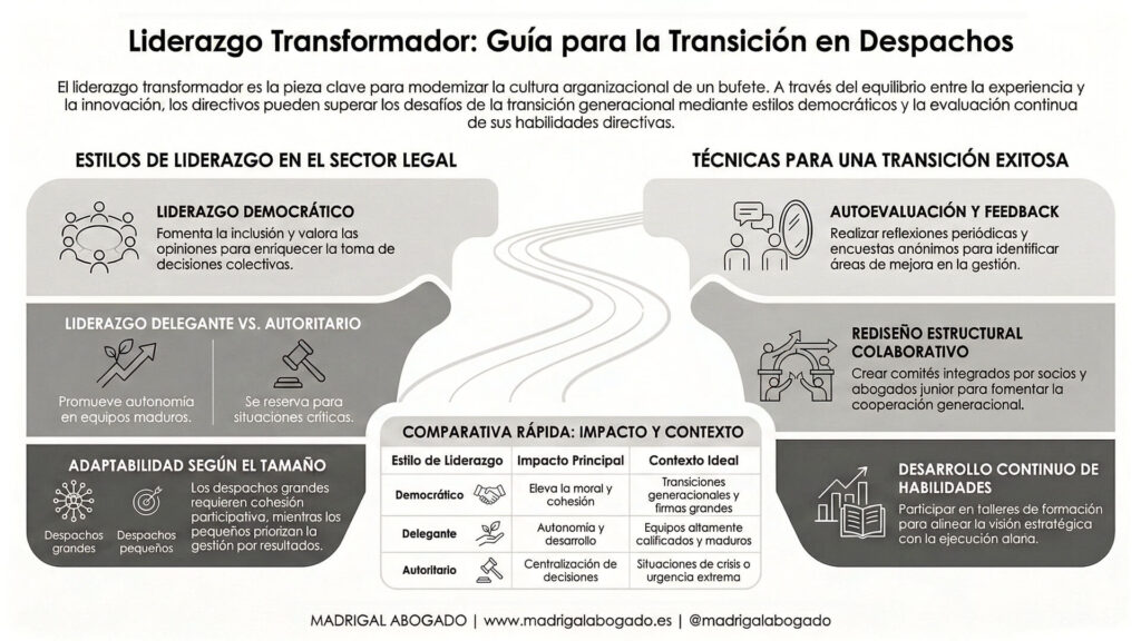 Infografía titulada "Liderazgo Transformador: Guía para la Transición en Despachos". Detalla estilos de liderazgo (democrático, delegante y autoritario) y técnicas para una transición exitosa como la autoevaluación, el rediseño estructural y el desarrollo de habilidades.