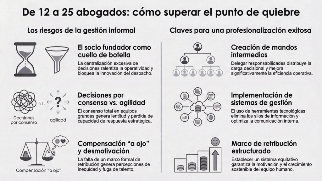 Infografía educativa que detalla los riesgos de la gestión informal frente a las claves de profesionalización exitosa, como la creación de mandos intermedios y sistemas de gestión en el marco de una consultoría para despachos de abogados.