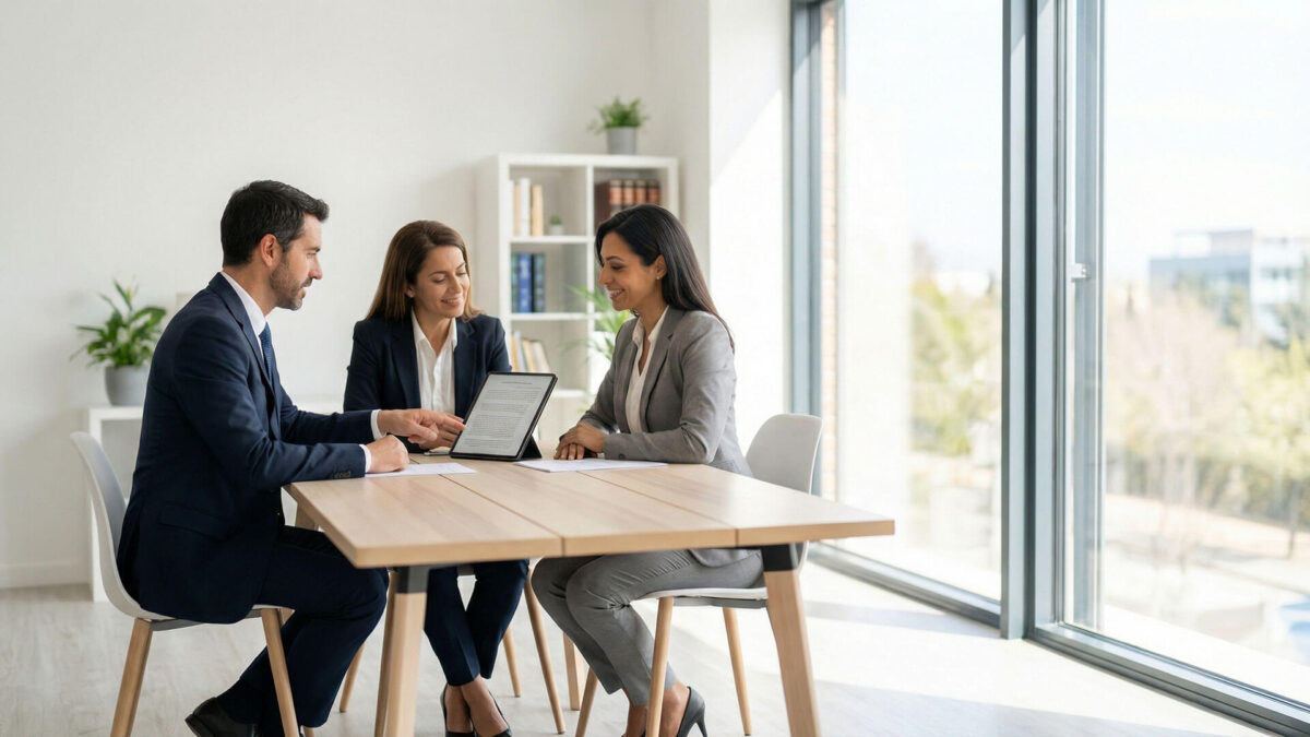Tres abogados, un hombre y dos mujeres, mantienen una reunión colaborativa en una oficina iluminada, revisando un documento legal en una tableta digital sobre una mesa de madera.
