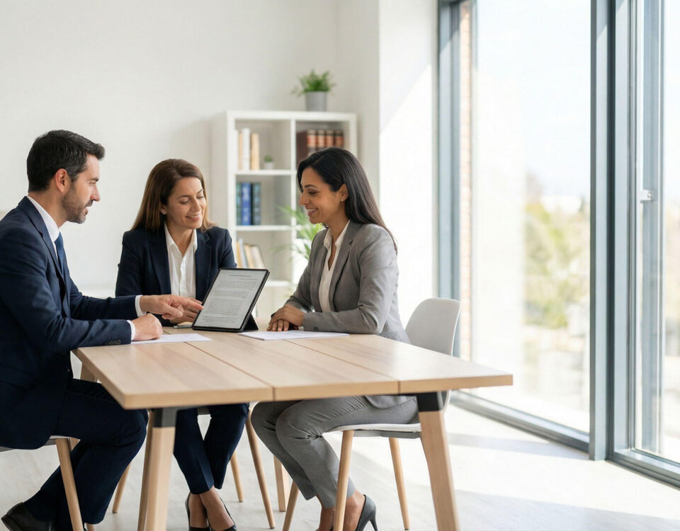 Tres abogados, un hombre y dos mujeres, mantienen una reunión colaborativa en una oficina iluminada, revisando un documento legal en una tableta digital sobre una mesa de madera.