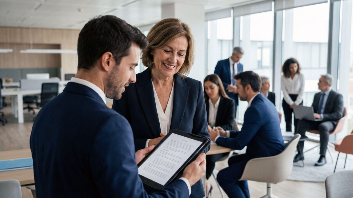Dos abogados en una oficina moderna revisando un documento en una tablet, representando la colaboración y el mentoring como claves para la retención de talento en despachos de abogados. Al fondo, se observa un equipo de profesionales trabajando en un ambiente corporativo.