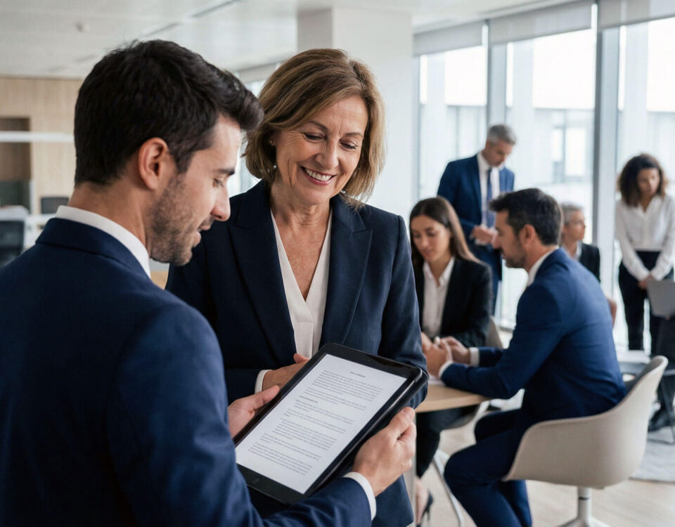 Dos abogados en una oficina moderna revisando un documento en una tablet, representando la colaboración y el mentoring como claves para la retención de talento en despachos de abogados. Al fondo, se observa un equipo de profesionales trabajando en un ambiente corporativo.