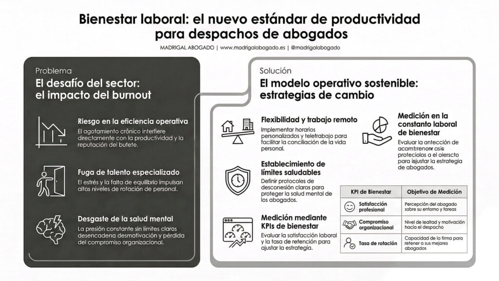 Infografía titulada "Bienestar laboral: el nuevo estándar de productividad para despachos de abogados". La imagen contrasta el impacto del burnout (fuga de talento y pérdida de eficiencia) con un modelo operativo sostenible basado en flexibilidad, límites saludables y medición de KPIs de satisfacción.
