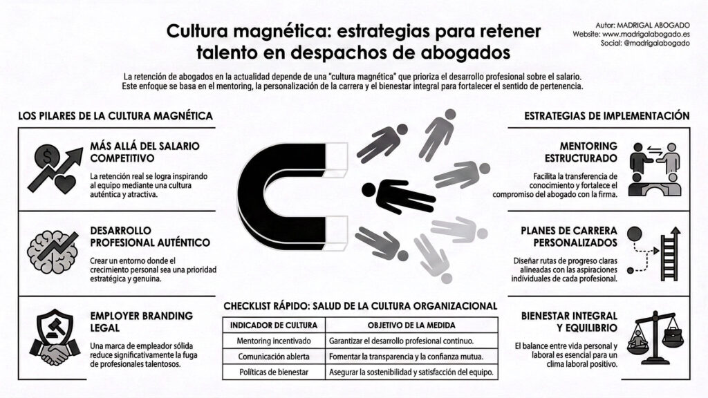 Infografía sobre la cultura magnética para la retención de talento en despachos de abogados. Detalla pilares como el desarrollo profesional y estrategias como el mentoring estructurado, planes de carrera personalizados y bienestar integral.