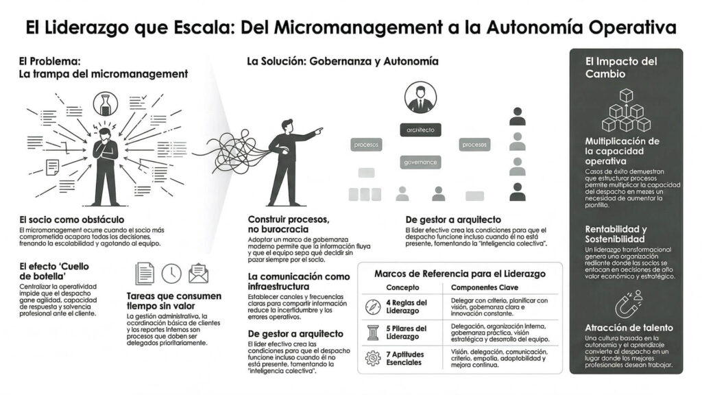 Infografía sobre el liderazgo en firmas de abogados que detalla la transición del micromanagement a la autonomía operativa, incluyendo marcos de referencia, procesos de gobernanza y el impacto en la rentabilidad del despacho.