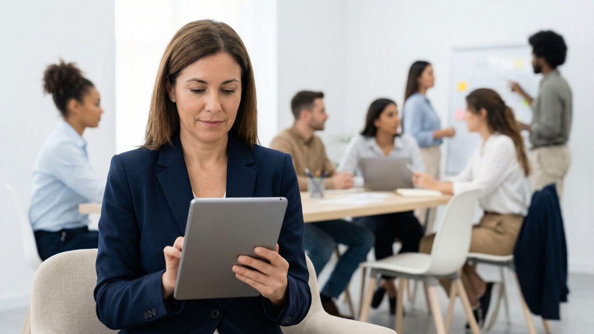Una socia de una firma de abogados utiliza una tableta digital en primer plano mientras su equipo de profesionales colabora en una sala de juntas moderna, representando el liderazgo efectivo en el sector legal.