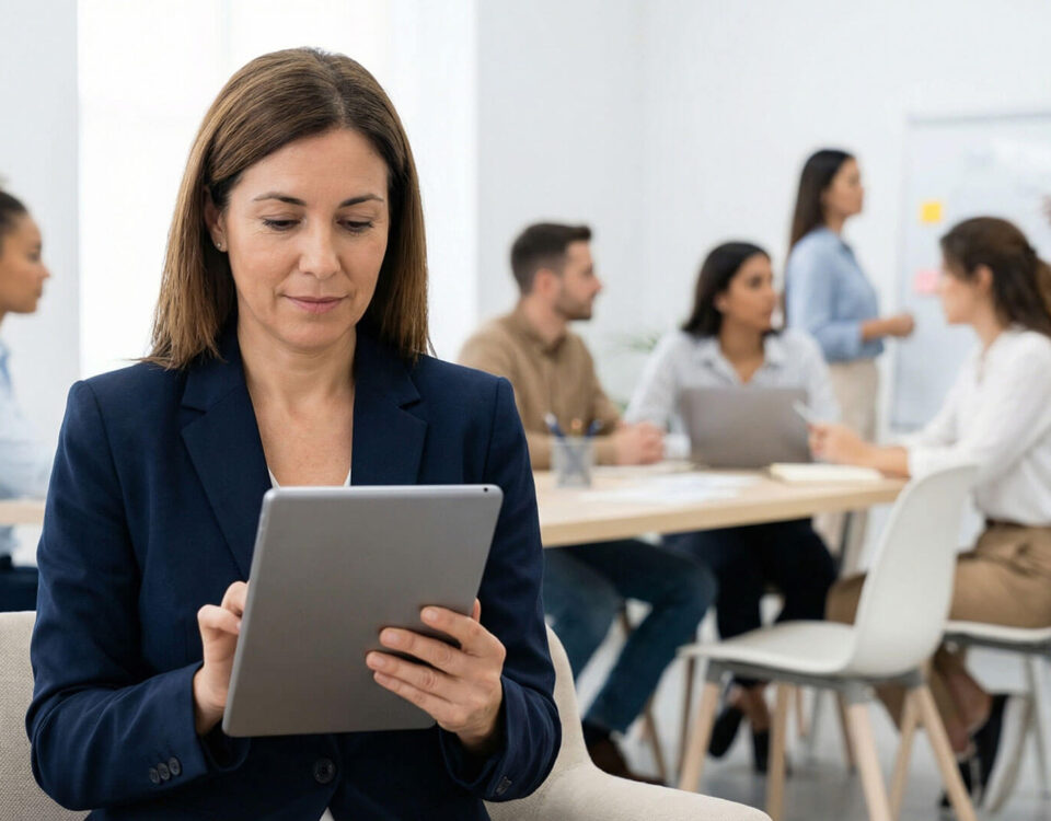 Una socia de una firma de abogados utiliza una tableta digital en primer plano mientras su equipo de profesionales colabora en una sala de juntas moderna, representando el liderazgo efectivo en el sector legal.