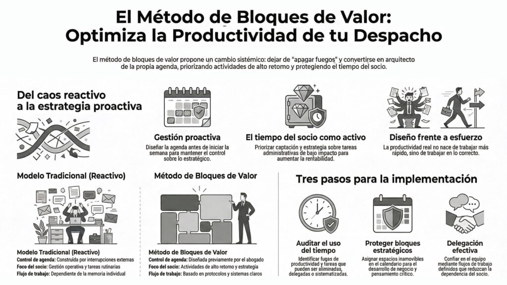 Infografía sobre el Método de Bloques de Valor para mejorar la productividad para despachos de abogados. Compara el modelo reactivo tradicional frente a una estrategia proactiva basada en auditar el tiempo, proteger bloques estratégicos en la agenda y delegación efectiva.