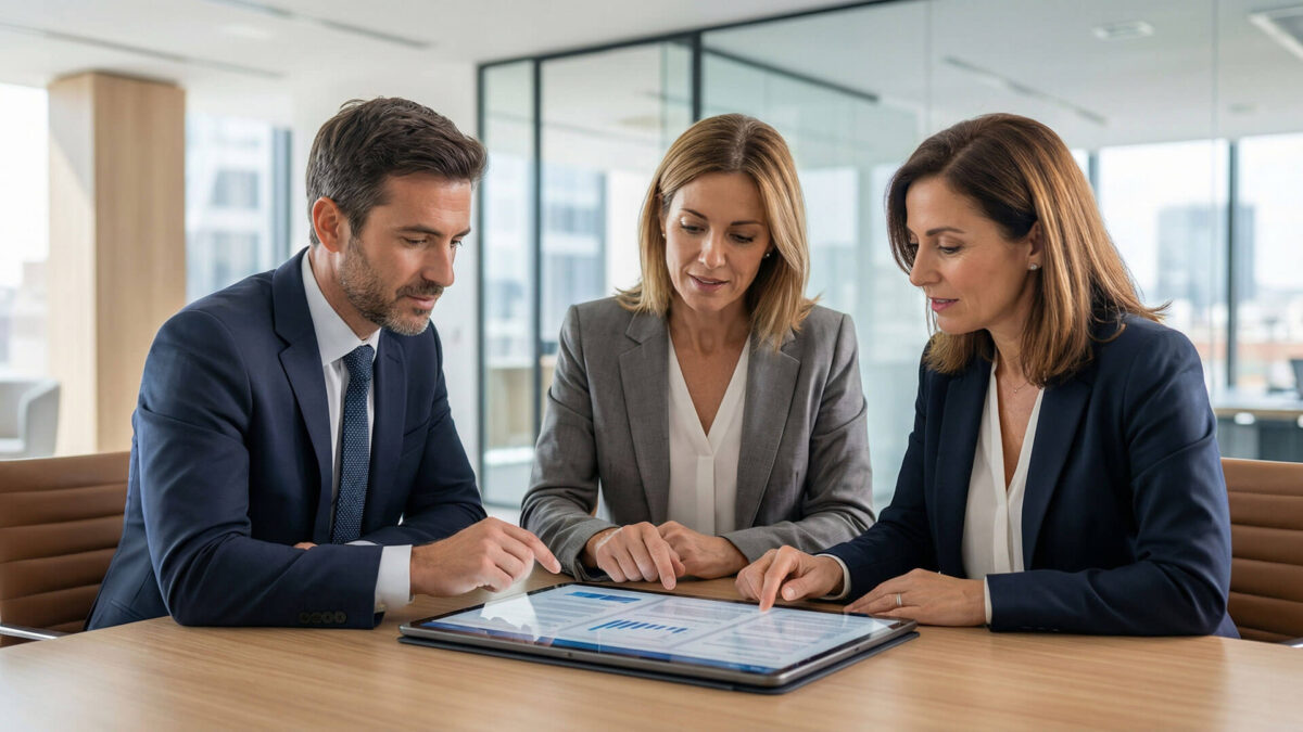 Tres abogados en una oficina moderna revisando gráficos de rendimiento en una tableta digital, representando el trabajo en equipo y la productividad para despachos de abogados.