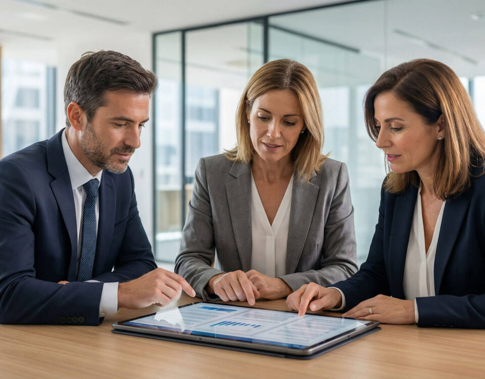 Tres abogados en una oficina moderna revisando gráficos de rendimiento en una tableta digital, representando el trabajo en equipo y la productividad para despachos de abogados.