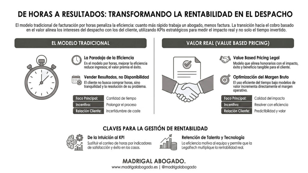 Infografía que compara el modelo tradicional de facturación por horas frente al modelo de valor para fijar honorarios de abogados, destacando la eficiencia y la predictibilidad de costes.