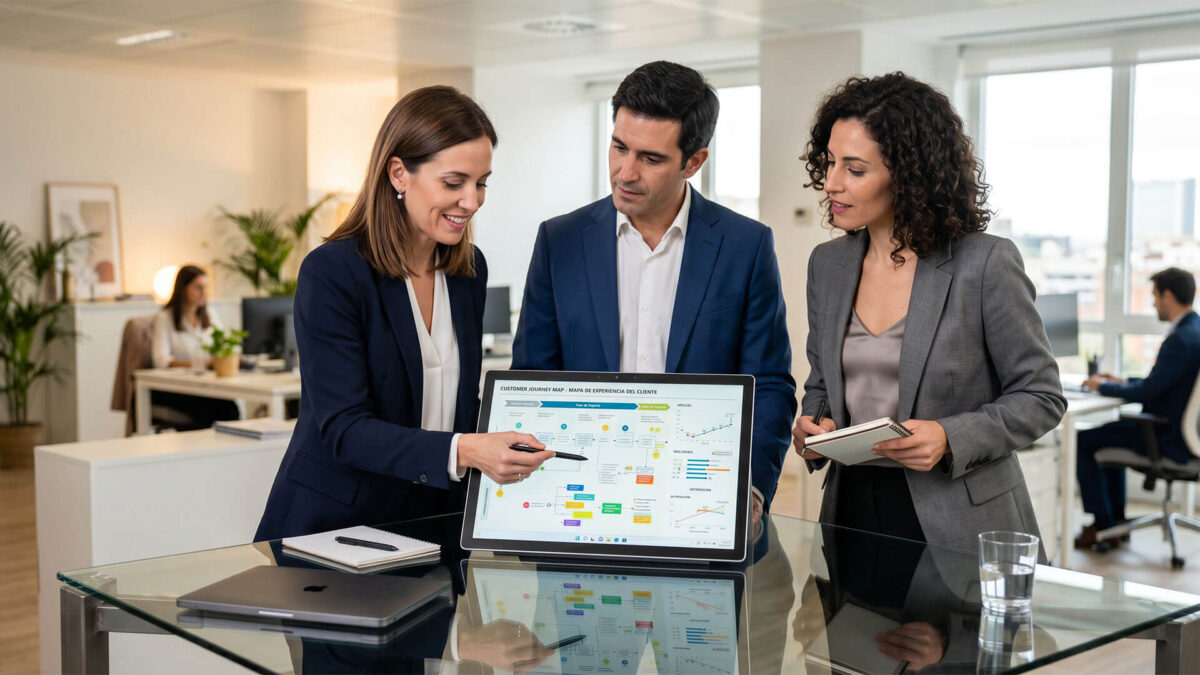 Tres profesionales en una oficina moderna analizan un mapa de experiencia de clientes para un despacho en una pantalla digital, trabajando en la optimización del servicio y la satisfacción del usuario.
