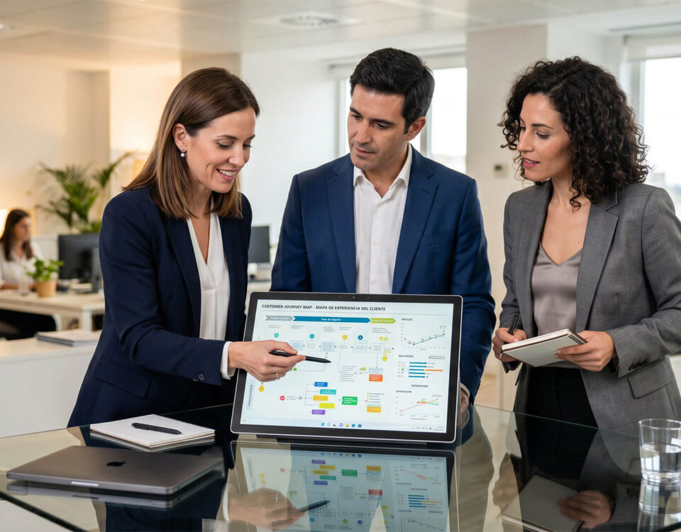 Tres profesionales en una oficina moderna analizan un mapa de experiencia de clientes para un despacho en una pantalla digital, trabajando en la optimización del servicio y la satisfacción del usuario.