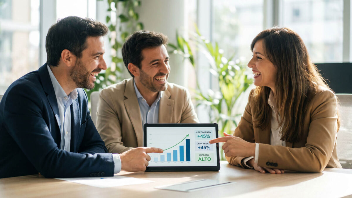Tres profesionales legales sonrientes analizando en una tableta un gráfico de crecimiento del 45%, representando el éxito en la gestión de honorarios de abogados basados en resultados.