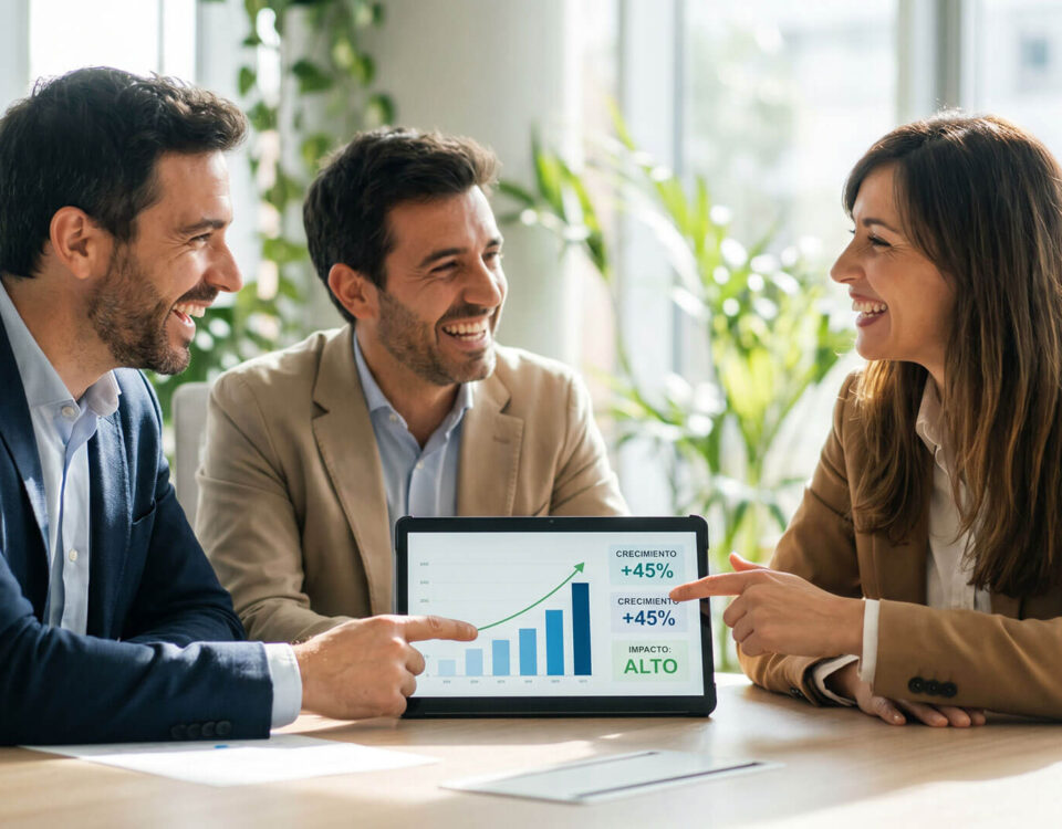 Tres profesionales legales sonrientes analizando en una tableta un gráfico de crecimiento del 45%, representando el éxito en la gestión de honorarios de abogados basados en resultados.