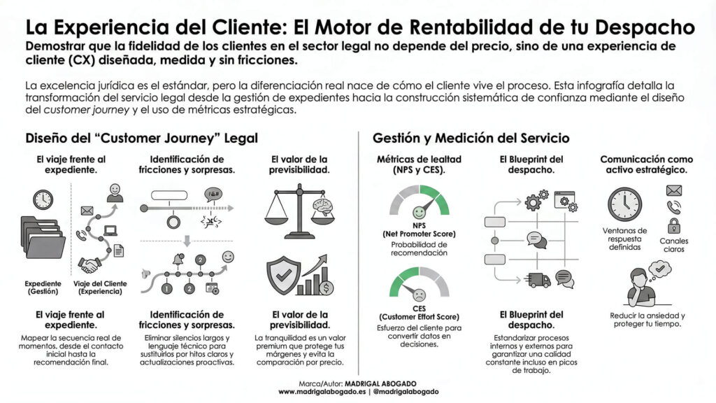 Infografía educativa sobre la experiencia de clientes en un despacho legal, que detalla el diseño del customer journey, la identificación de fricciones, el uso de métricas como NPS y CES, y la importancia de la comunicación estratégica.