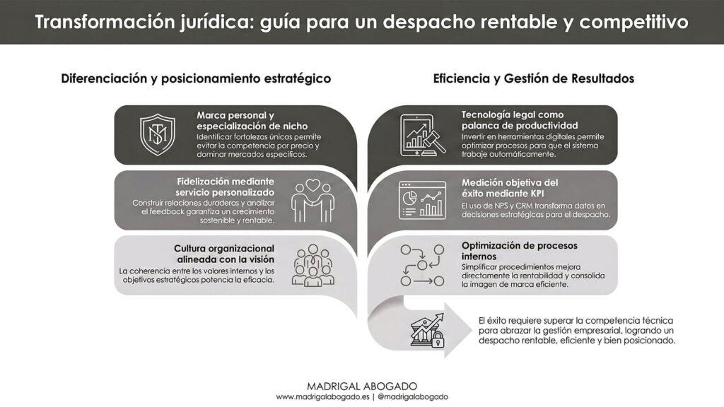 Infografía dirigida a un abogado exitoso sobre diferenciación estratégica, eficiencia y optimización de procesos internos para un despacho rentable.