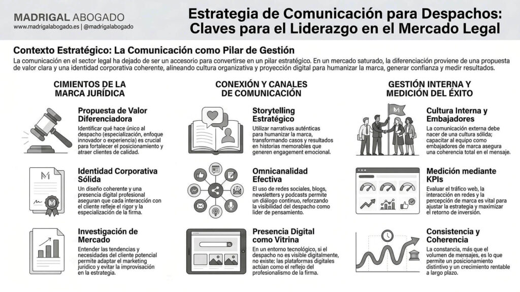Infografía sobre estrategia de comunicación para despachos que detalla los cimientos de la marca jurídica, canales y medición mediante KPIs.